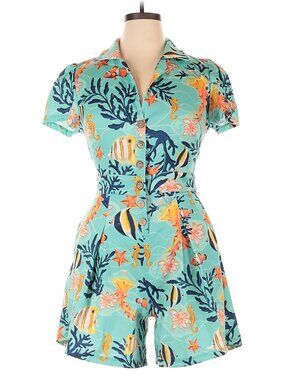 Voodoo Vixen Coral Reef Button Up Romper Teal XL Ocean Print Playsuit EUC